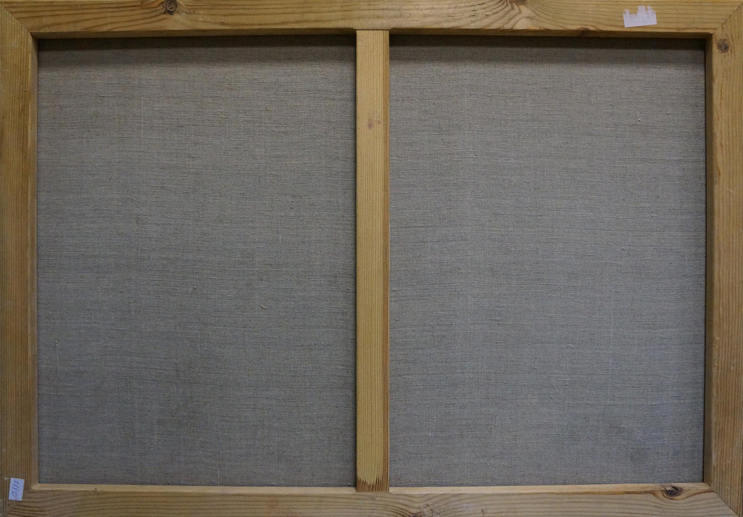 Back of Oil painting Blooming tree canvas with gray fabric panels