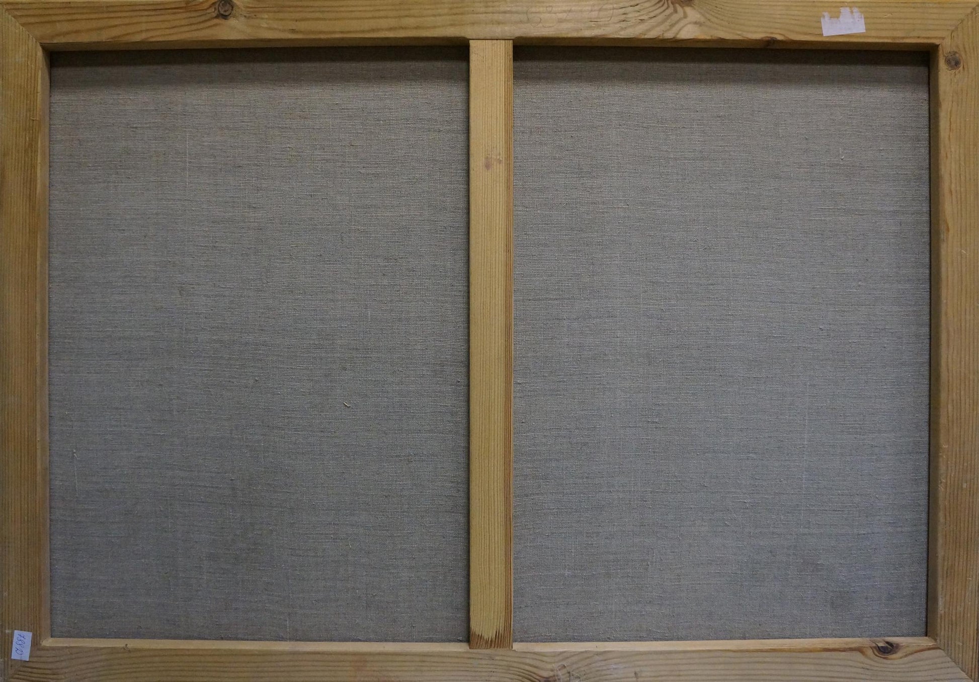 Back of Oil painting Blooming tree canvas with gray fabric panels