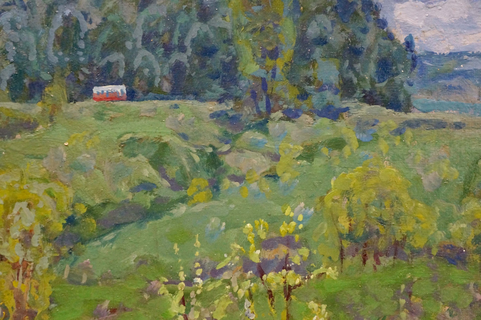 Oil painting of red white bus in lush green hills by Kolosovsky Georgy Sergeevich