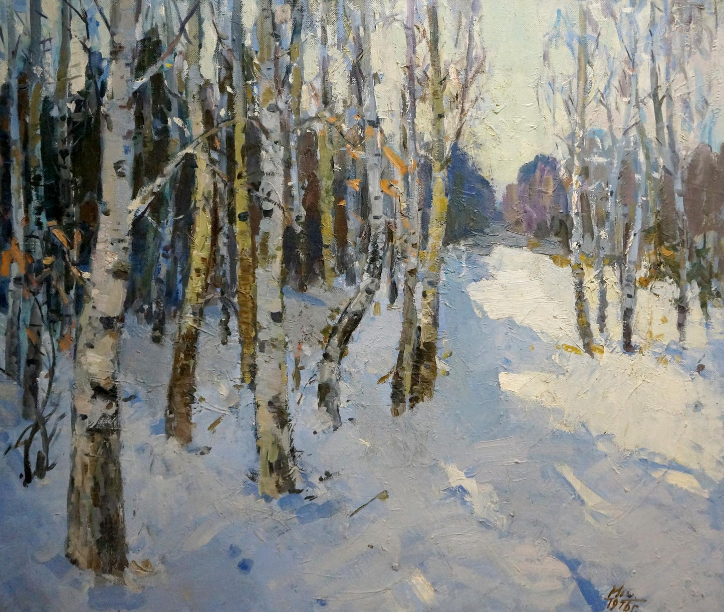 Textured oil painting of snowy birch forest by Alishevich