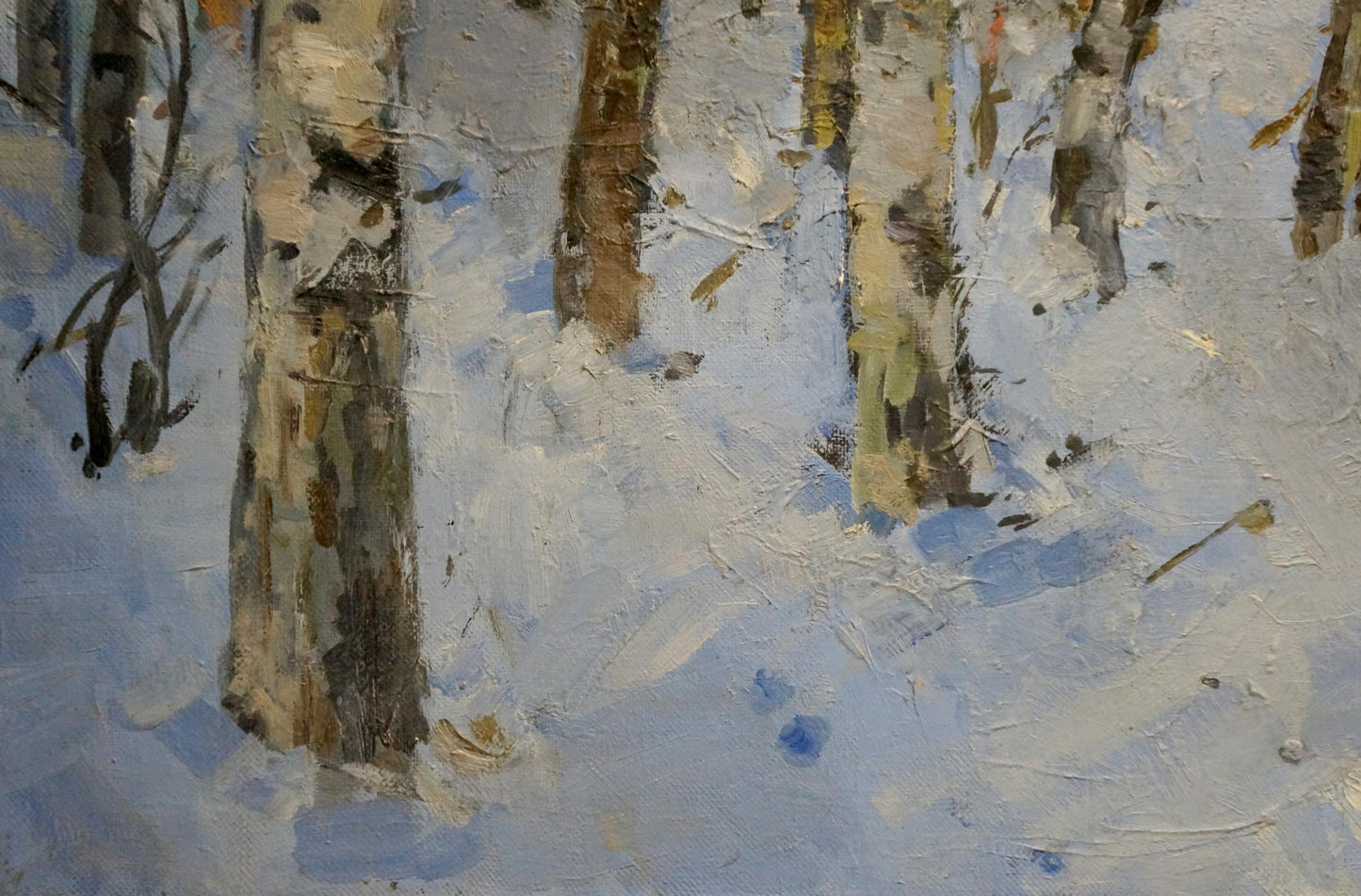 Oil painting Winter landscape Alishevich: textured birch trees in snowy scene