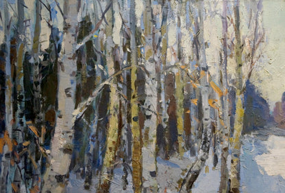 Textured impressionist birch forest winter oil painting by Alishevich