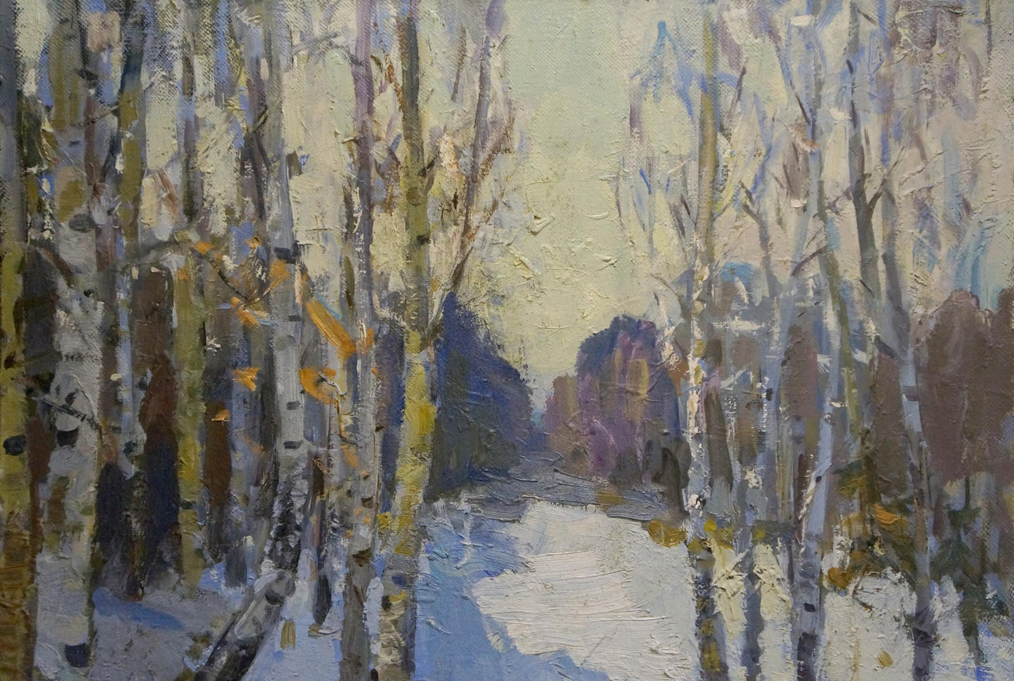Oil painting Winter landscape Alishevich: snowy birch forest path
