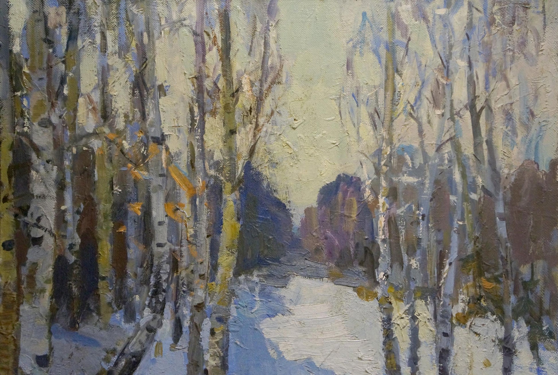Oil painting Winter landscape Alishevich: snowy birch forest path
