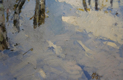 Textured impressionist oil painting of snowy forest by Alishevich