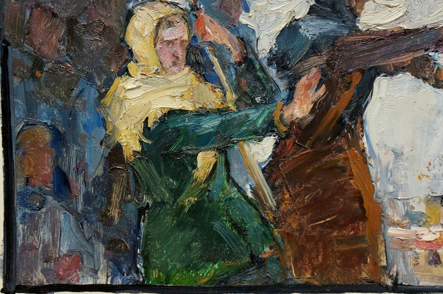 Textured oil painting of woman in green dress by Konstantin Pokulity