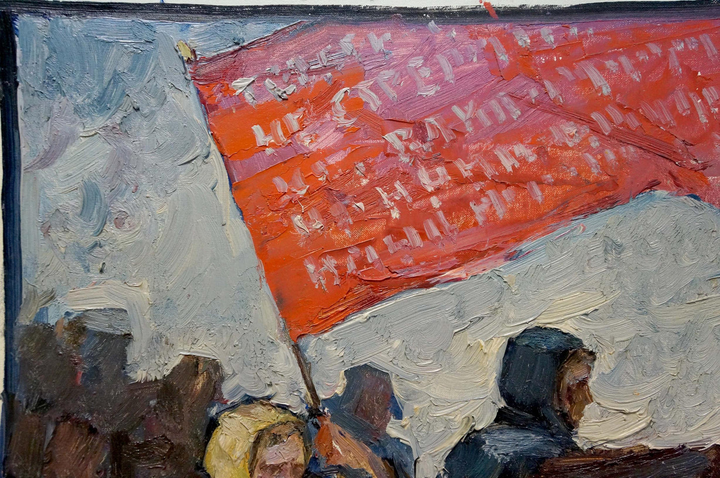 Vibrant red flag with white lettering in Konstantin Pokulity oil painting