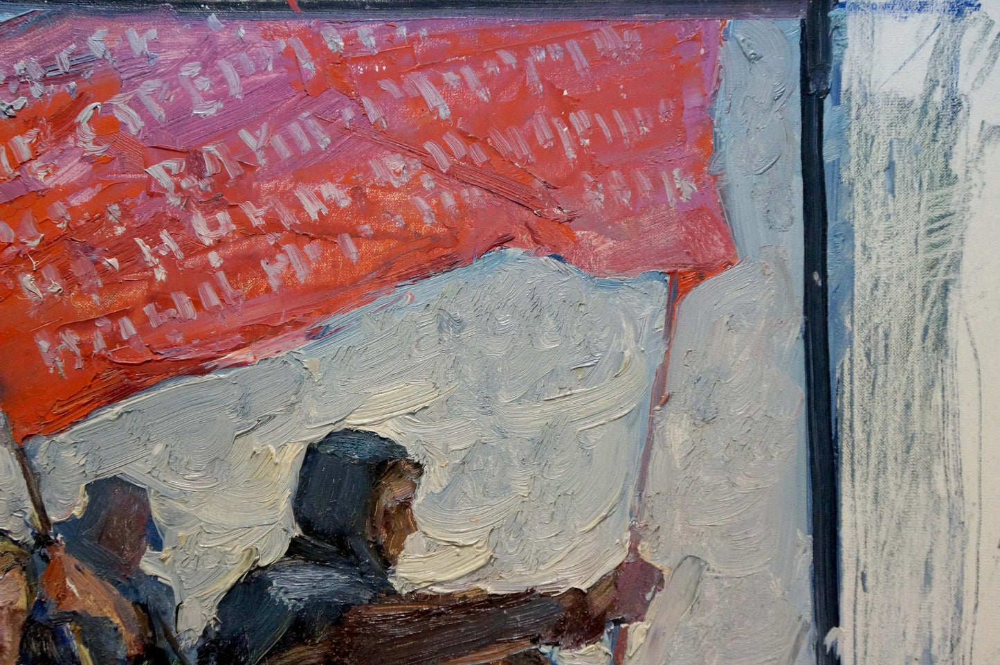 Vibrant red impasto banner with white text for Oil painting People in the square Konstantin Pokulity
