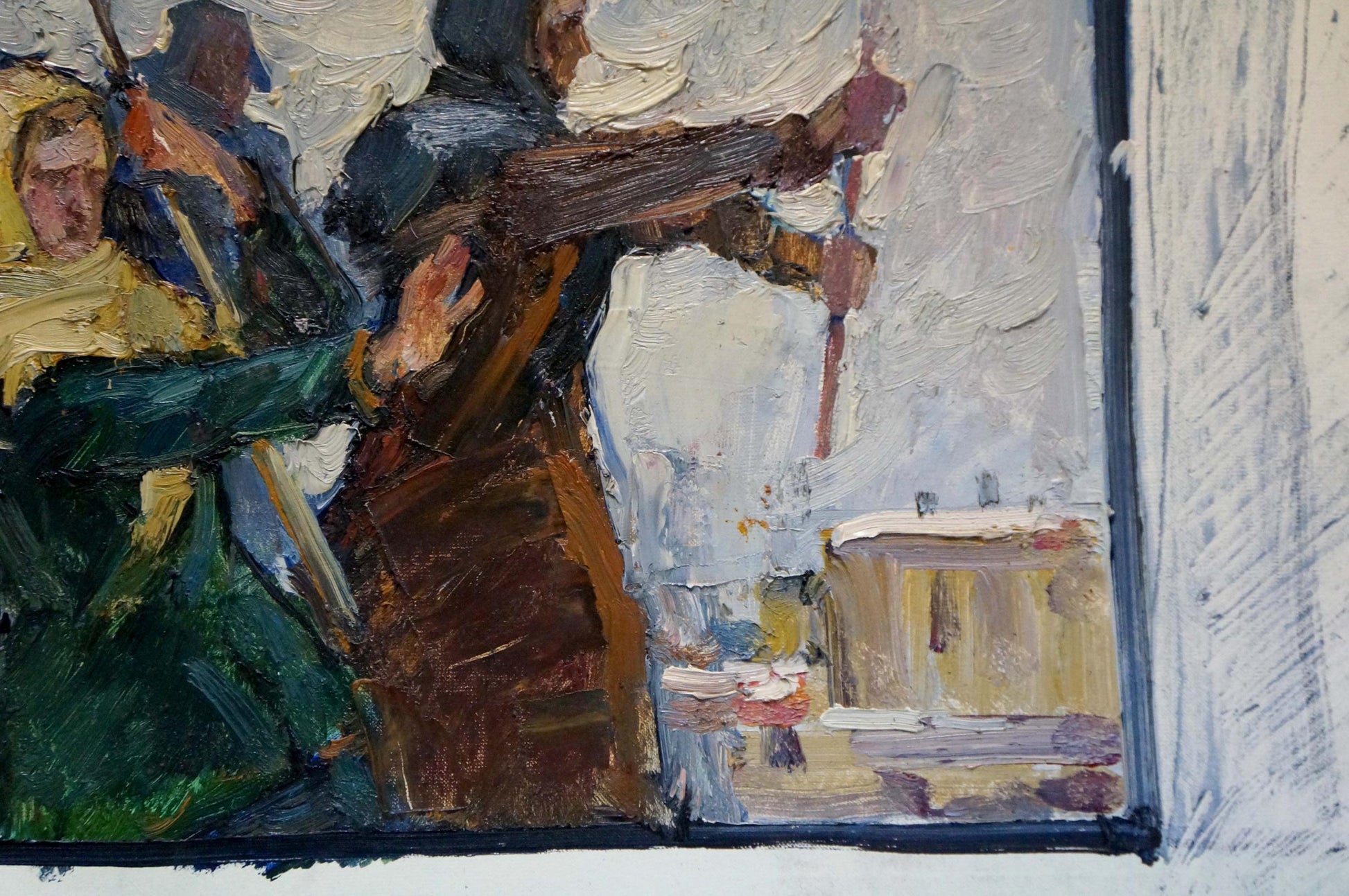 Oil painting of people in the square by Konstantin Pokulity, impasto style