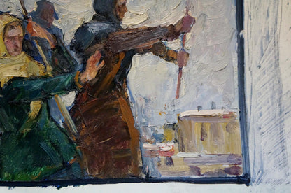 Oil painting of people in the square by Konstantin Pokulity, impasto style