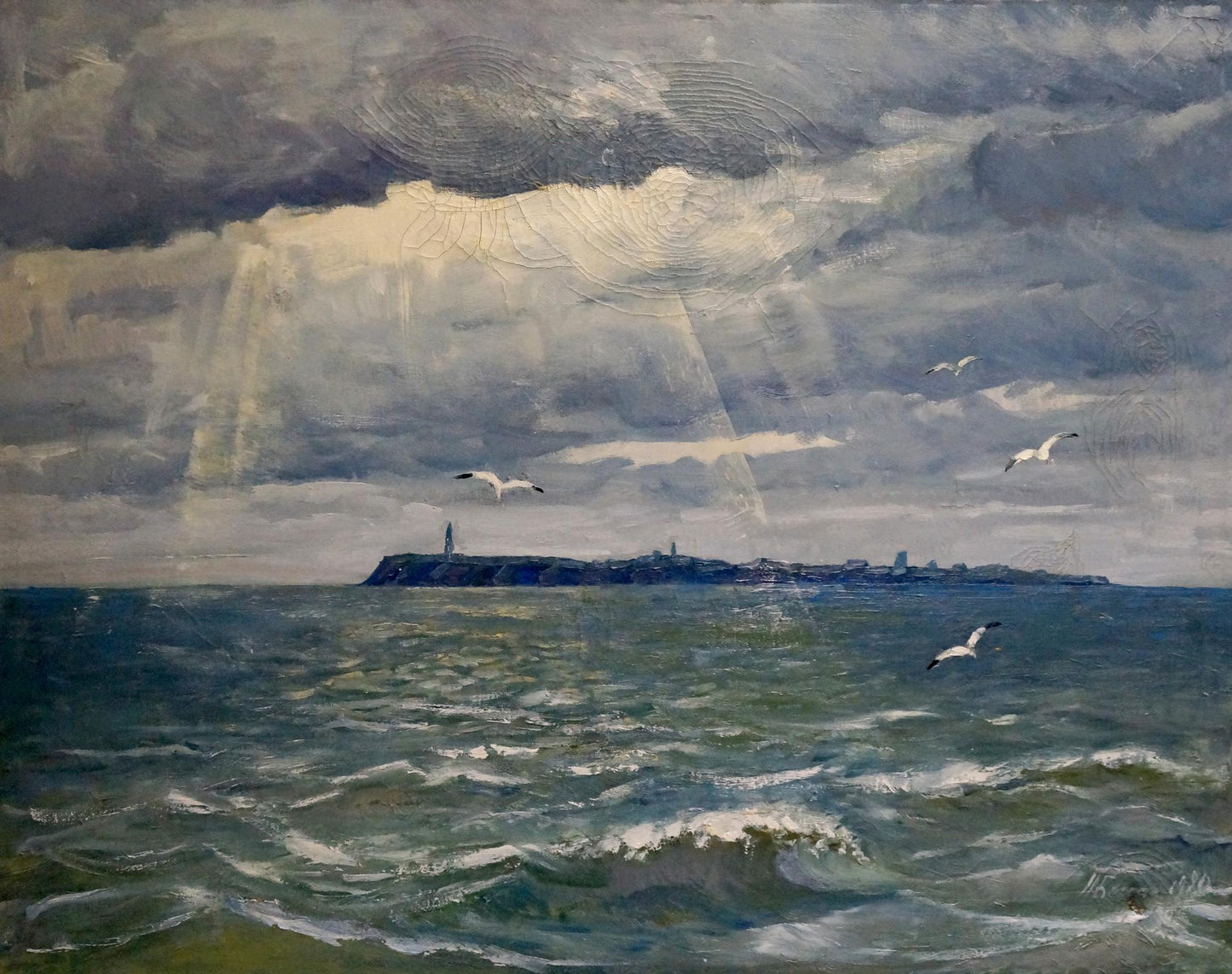 Oil painting Isle Beseda Petr Nikolayevich: stormy seas, seagulls, lighthouse island