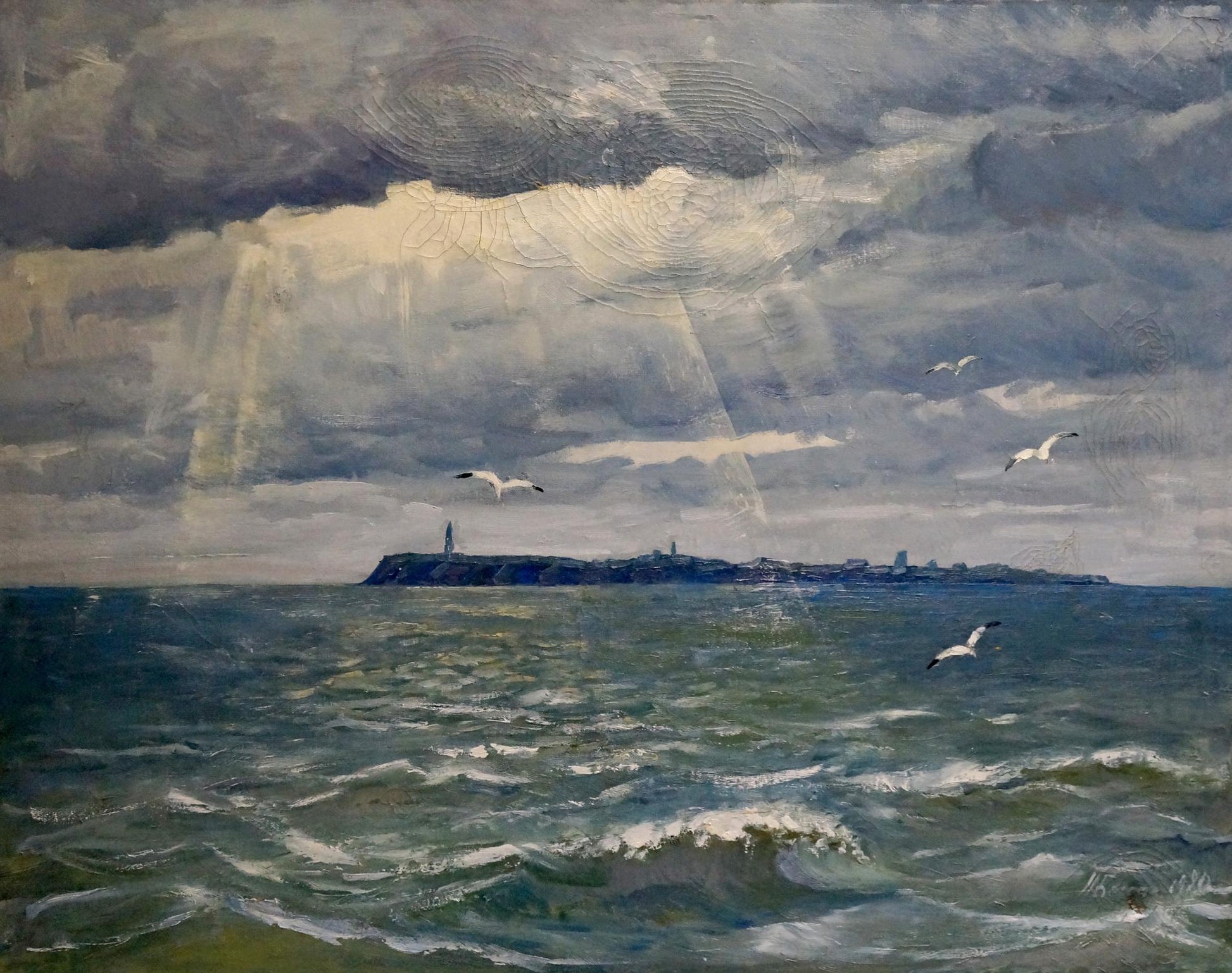 Oil painting Isle Beseda Petr Nikolayevich: stormy seas, seagulls, lighthouse island