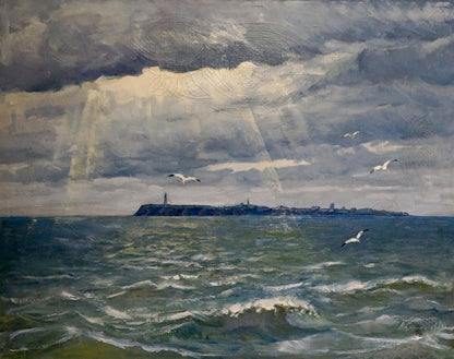 Oil painting Isle Beseda Petr Nikolayevich: stormy seas, seagulls, lighthouse island