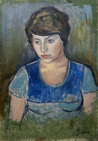 Oil painting portrait of girl with short dark hair in blue top by Vladimir Melnikov