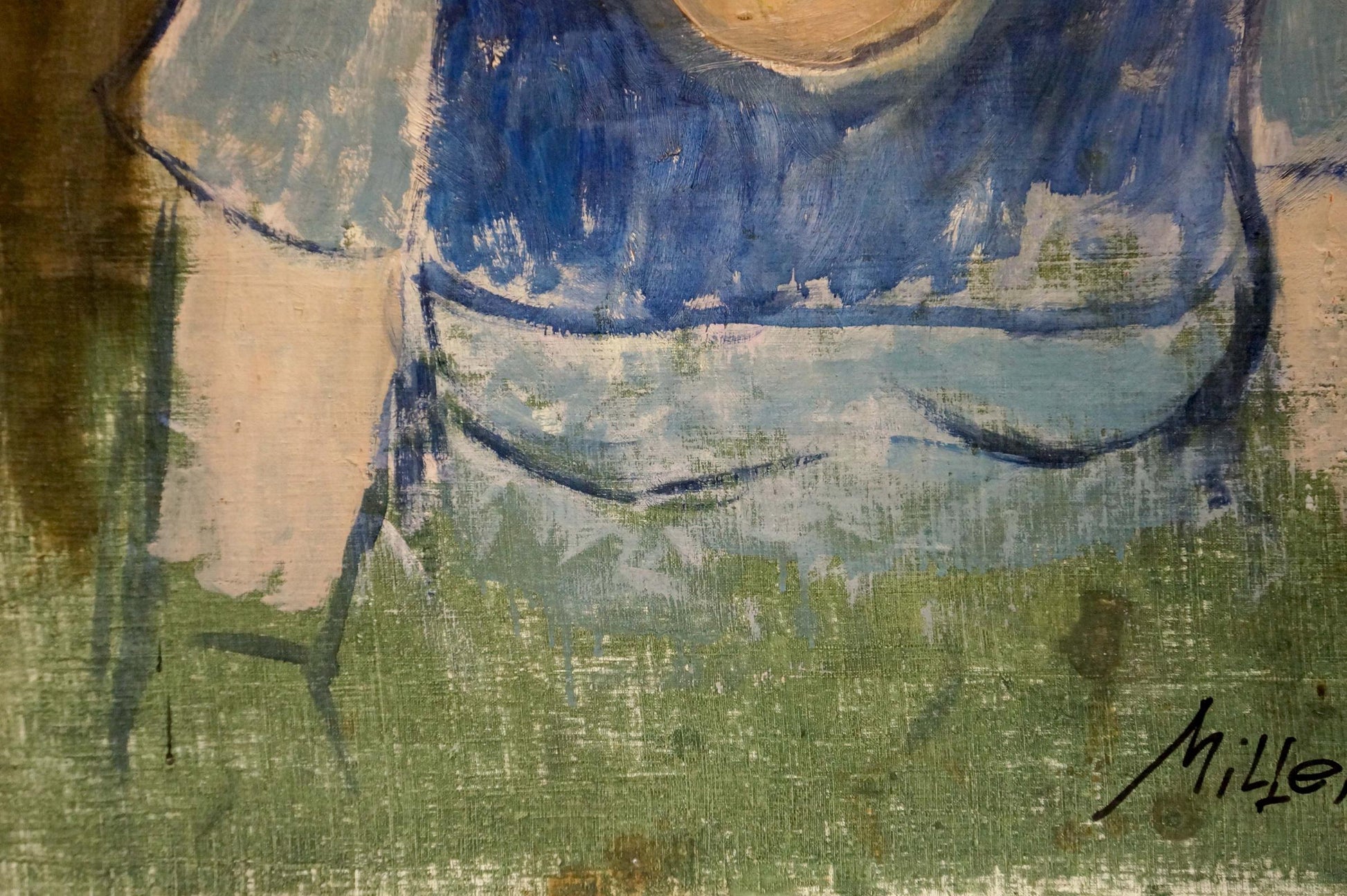 Oil painting portrait of girl in blue attire by Vladimir Melnikov, signed milliet