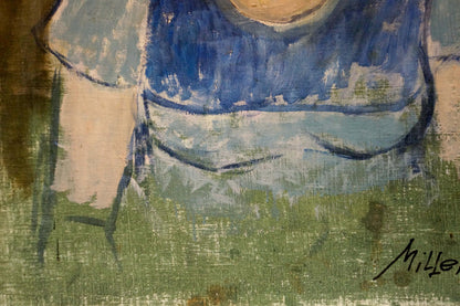 Oil painting portrait of girl in blue attire by Vladimir Melnikov, signed milliet