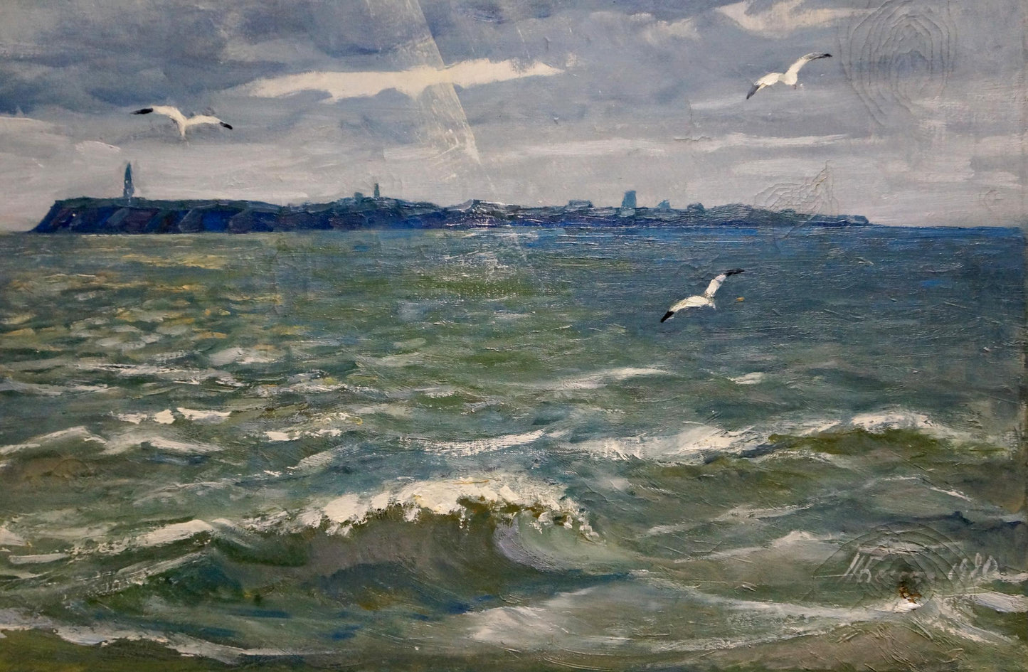 Oil painting Isle Beseda Petr Nikolayevich: turbulent sea, seagulls, lighthouse