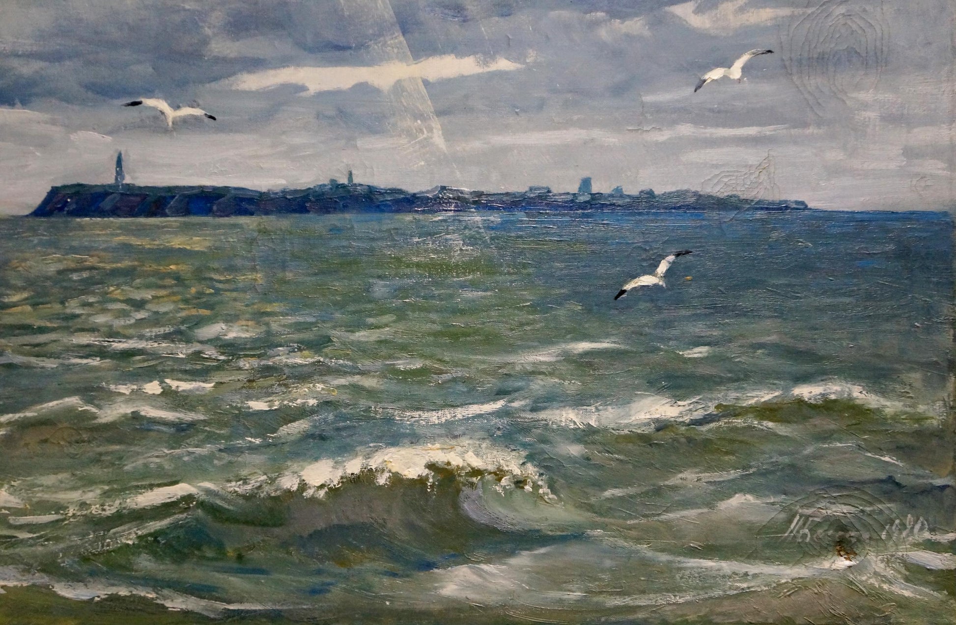 Oil painting Isle Beseda Petr Nikolayevich: turbulent sea, seagulls, lighthouse