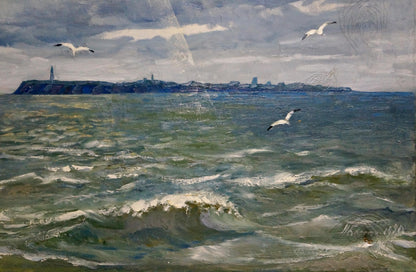 Oil painting Isle Beseda Petr Nikolayevich: turbulent sea, seagulls, lighthouse