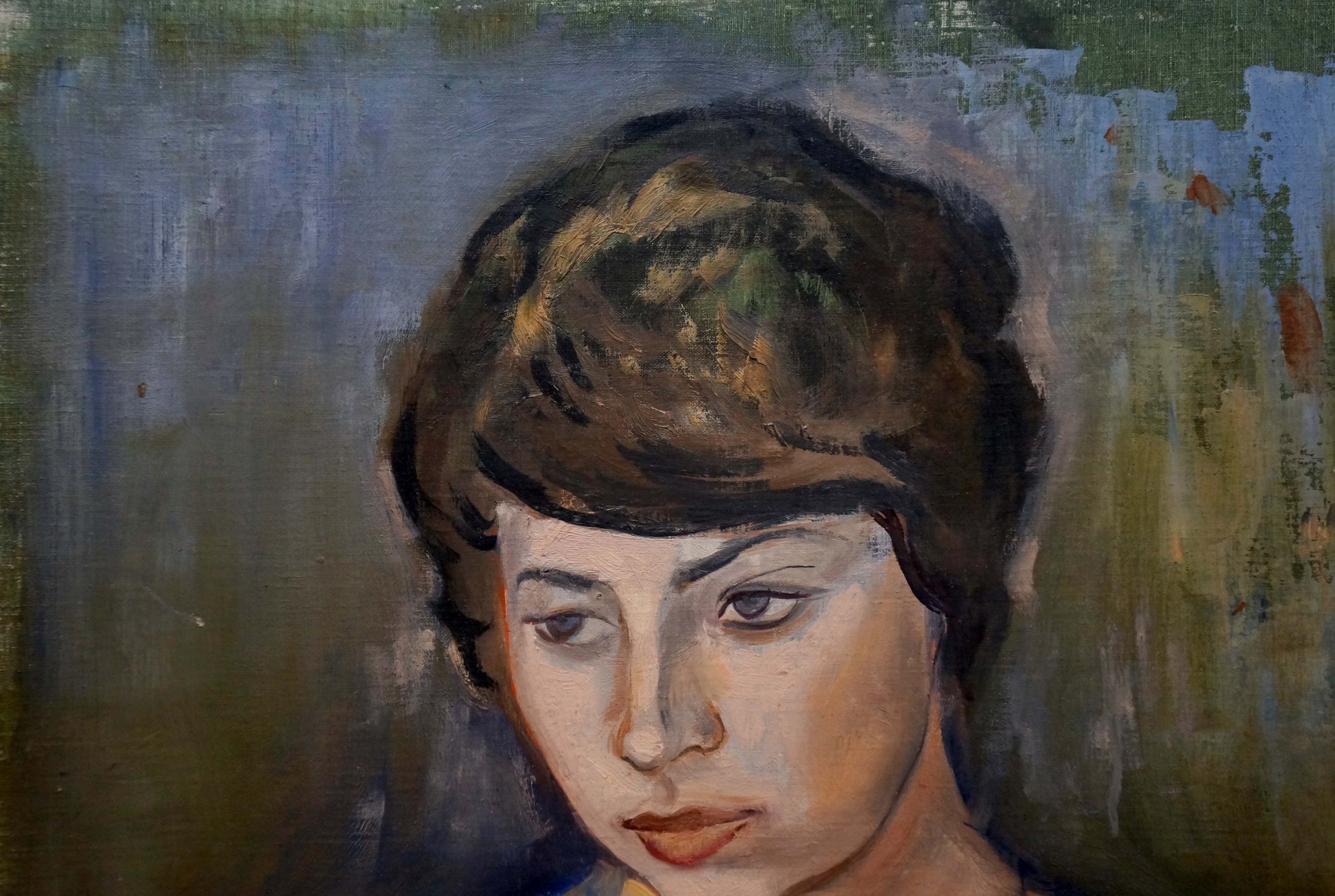 Oil painting portrait of girl with short dark brown hair by Vladimir Melnikov