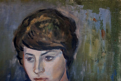Oil painting portrait of girl by Vladimir Melnikov with short dark brown hair