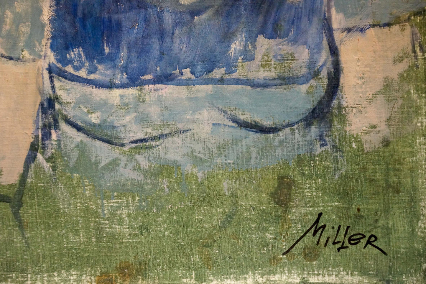 Back of oil painting portrait of girl by Vladimir Melnikov Miller, blue green fabric signed Miller