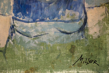 Back of oil painting portrait of girl by Vladimir Melnikov Miller, blue green fabric signed Miller