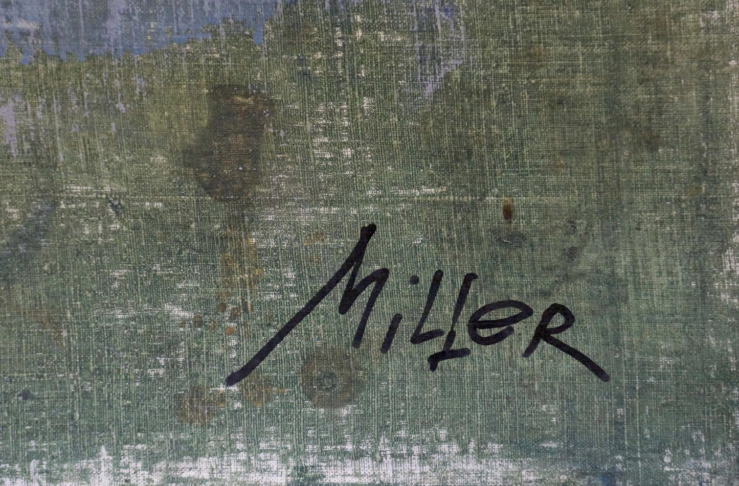 Black cursive Miller signature on greenish-blue textured canvas, Melnikov portrait back