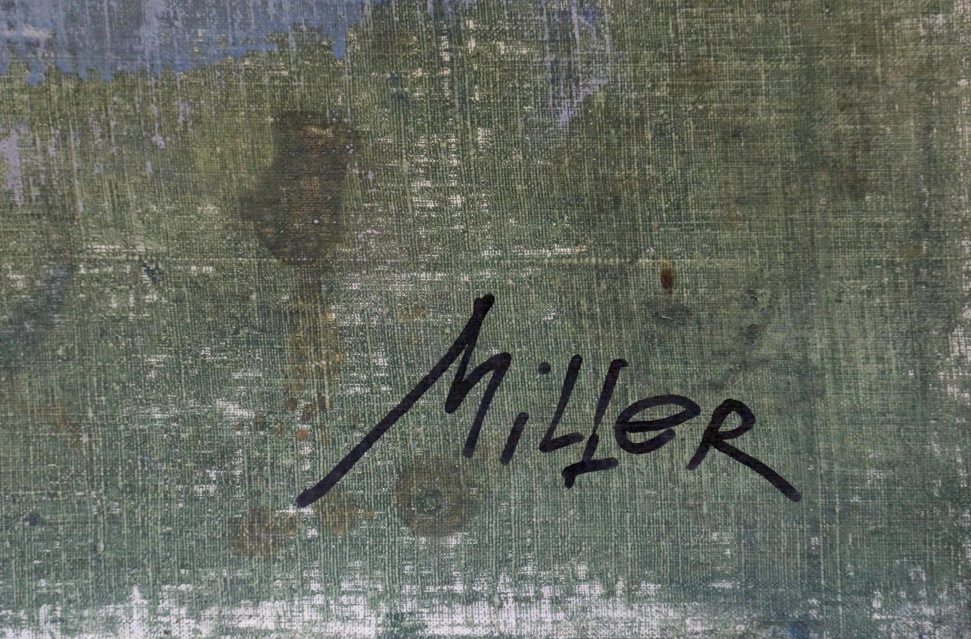 Black cursive Miller signature on greenish-blue textured canvas, Melnikov portrait back