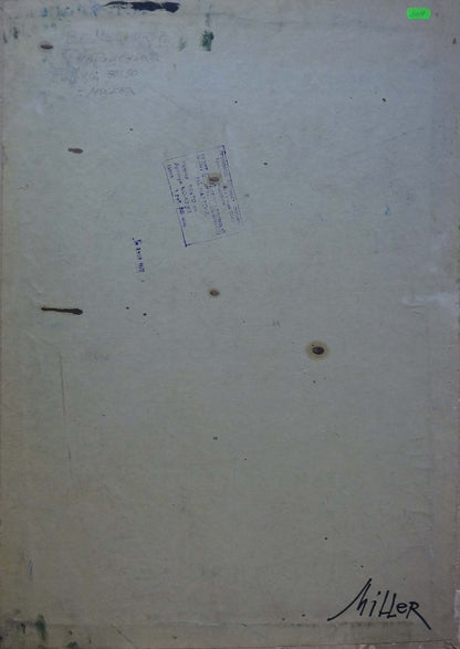 Back of weathered off-white canvas oil portrait by Vladimir Melnikov signed