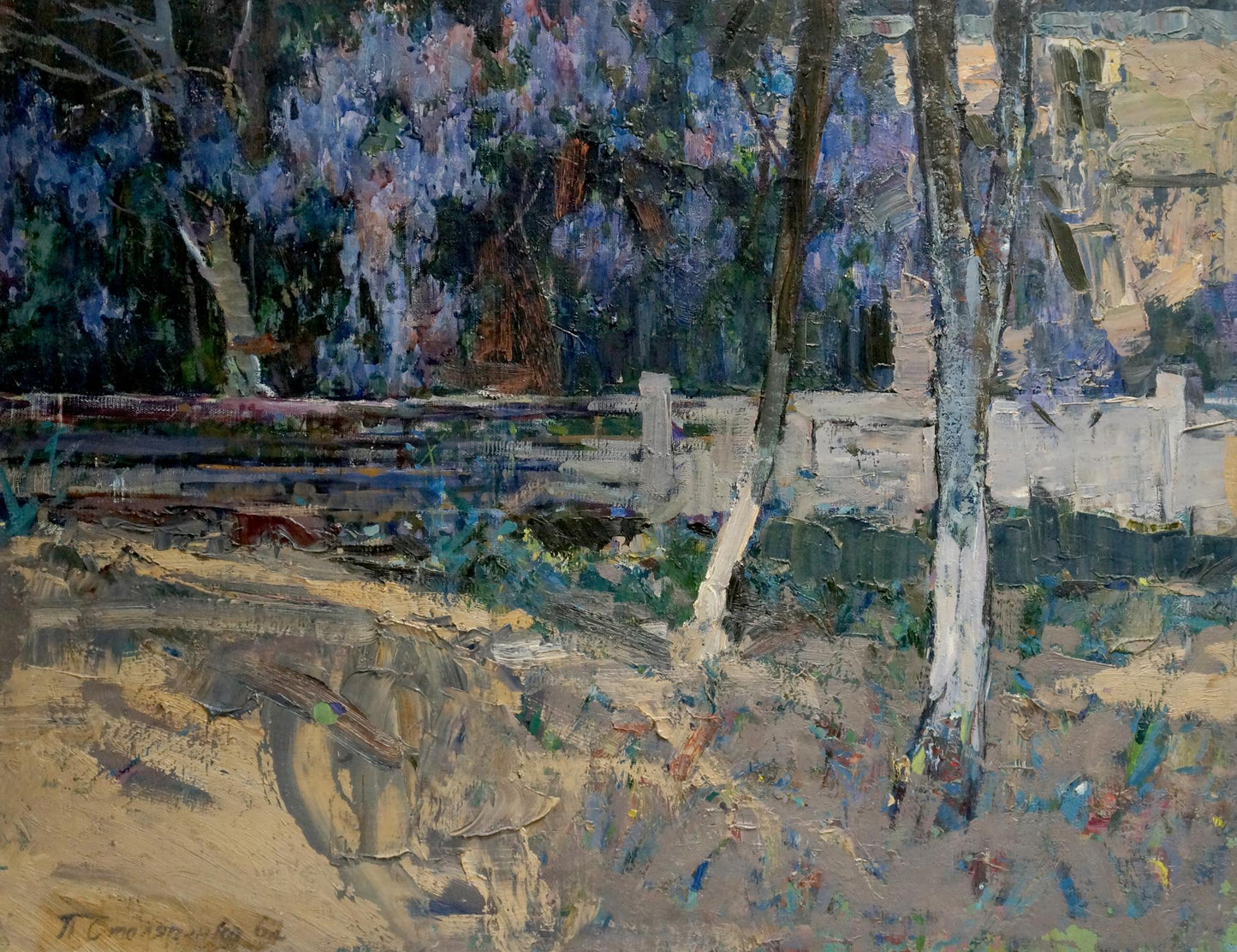 Oil painting of Petr Kuzmich Stolyarenkos home yard landscape with purple trees