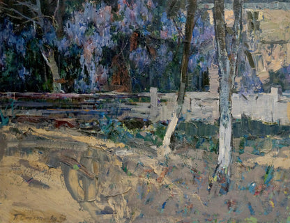 Oil painting of Petr Kuzmich Stolyarenkos home yard landscape with purple trees