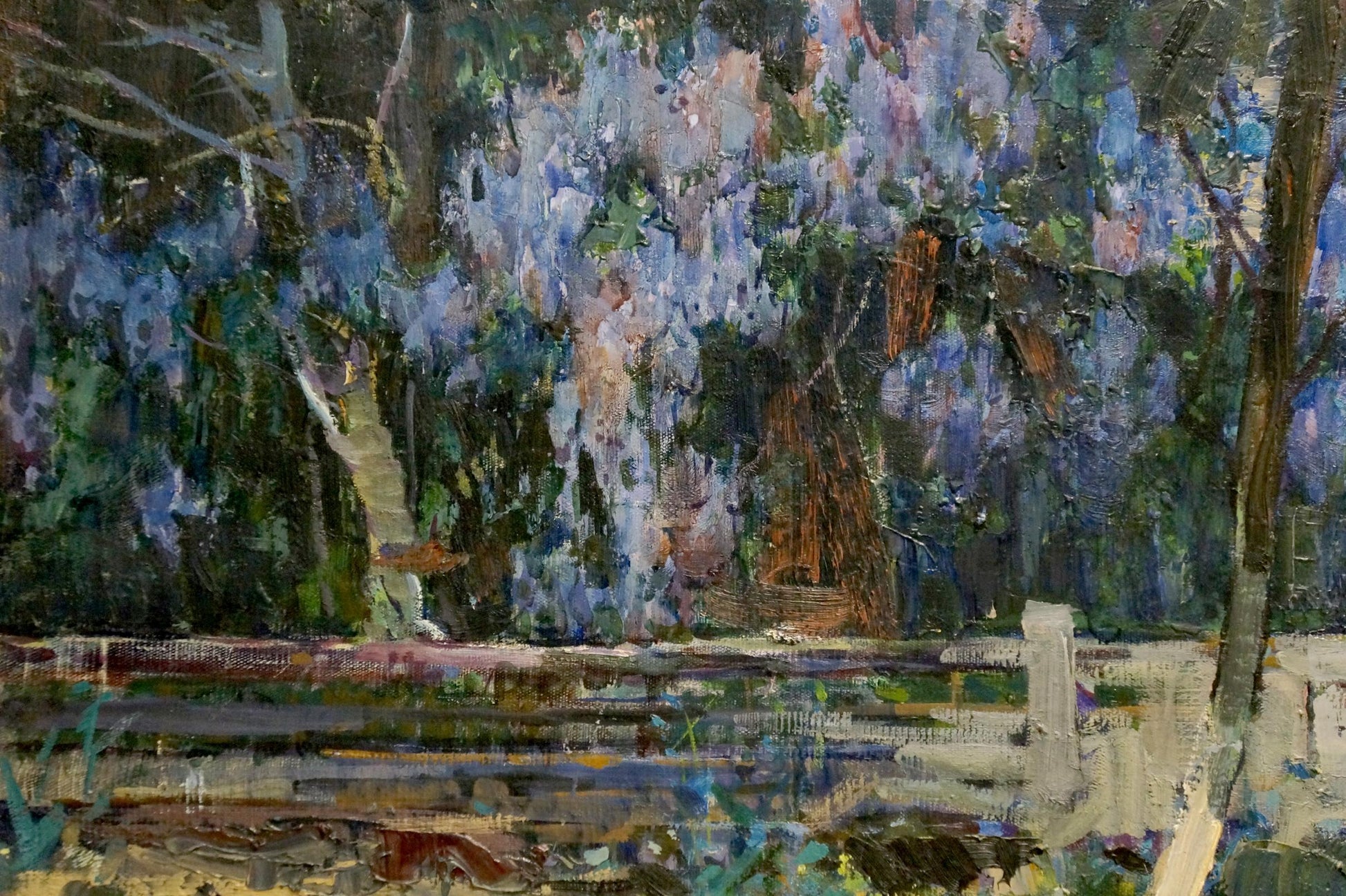 Vibrant impressionist oil painting of Petr Kuzmich Stolyarenkos home yard forest scene