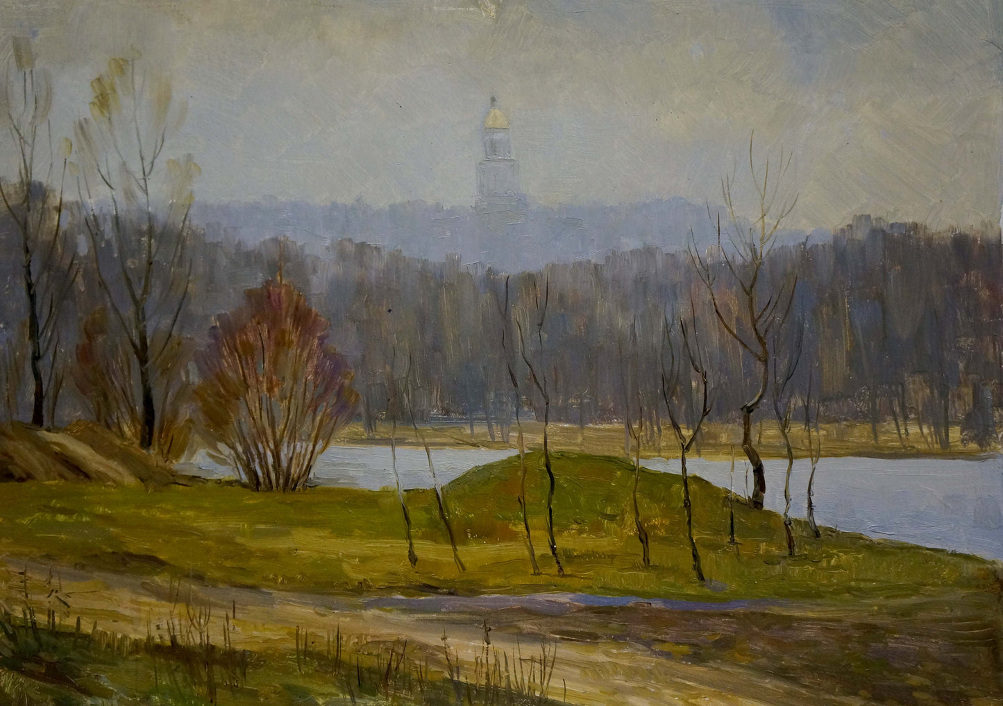 Oil painting of autumn church bells with golden-domed tower and river