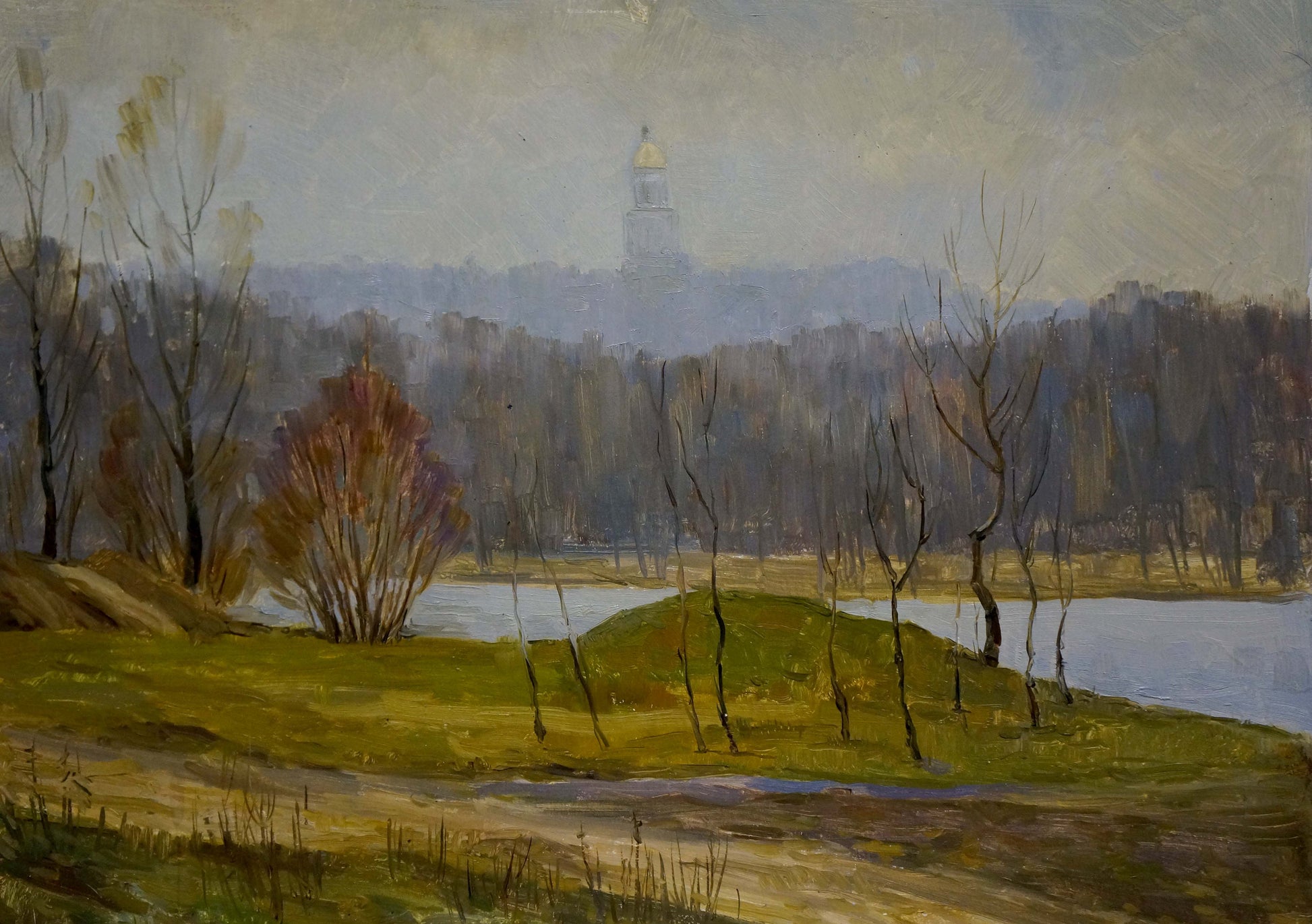 Oil painting of autumn church bells with golden-domed tower and river