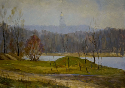 Oil painting of autumn church bells with golden-domed tower and river