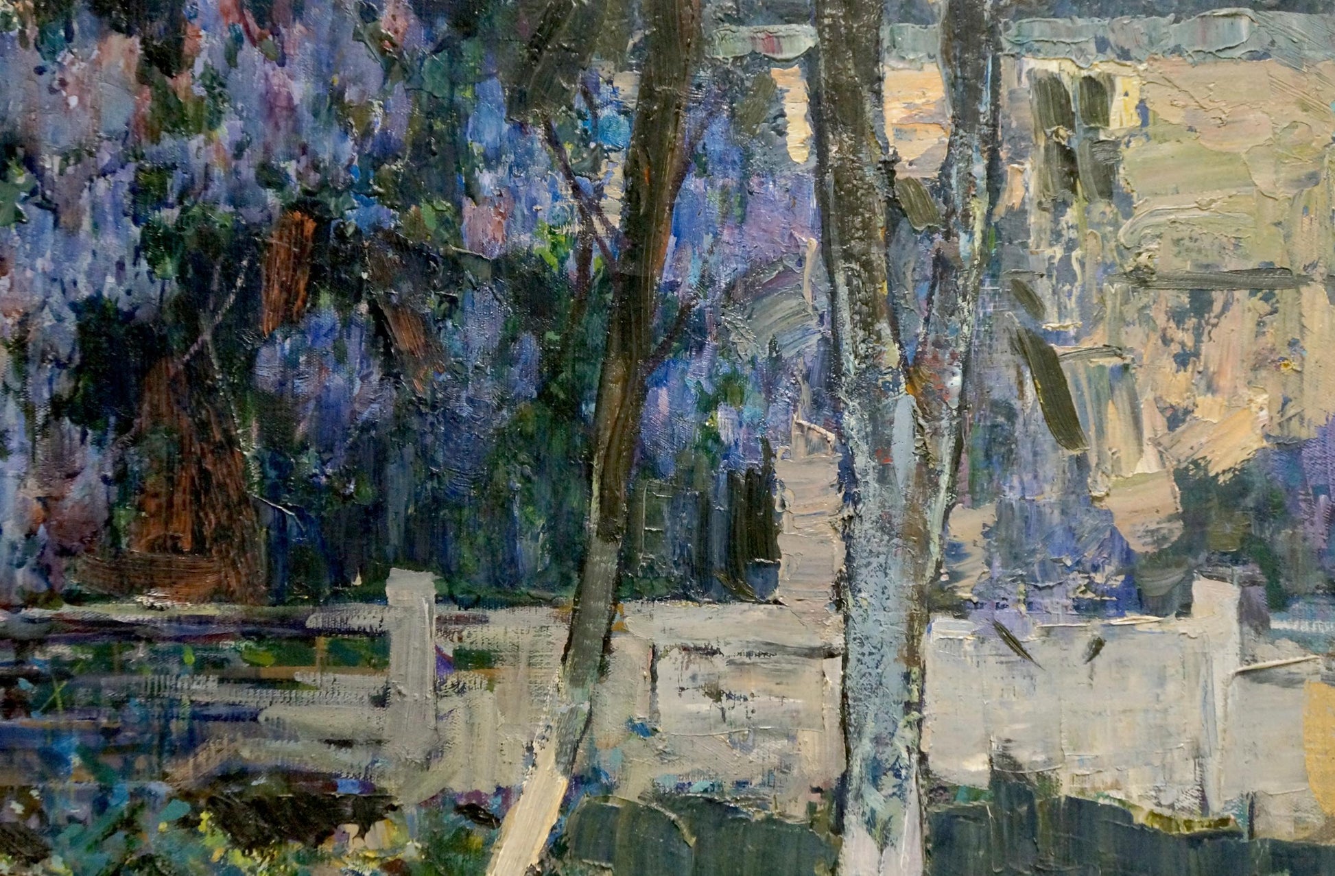 Oil painting of home yard by Petr Kuzmich Stolyarenko, vibrant purple trees