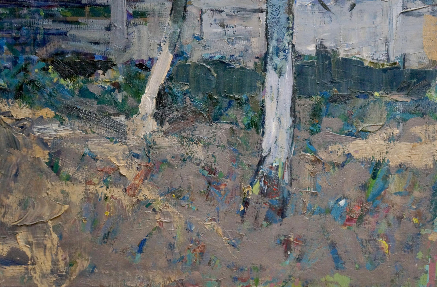 Textured impressionist oil painting of white tree trunks by Petr Kuzmich Stolyarenko