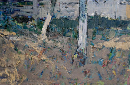 Textured impressionist oil painting of white tree trunks by Petr Kuzmich Stolyarenko