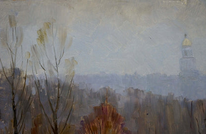 Muted oil painting of hazy autumn cityscape with church bells tower