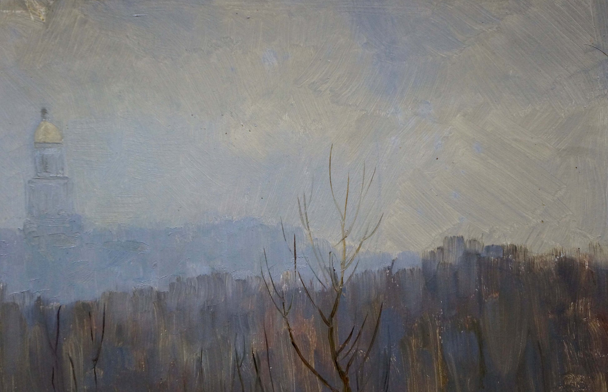 Misty oil painting of autumn church bells with golden dome above dark trees