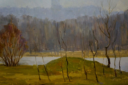 Oil painting of muted autumn landscape with bare trees, church bells, cityscape and water in earthy tones. Unknown artist