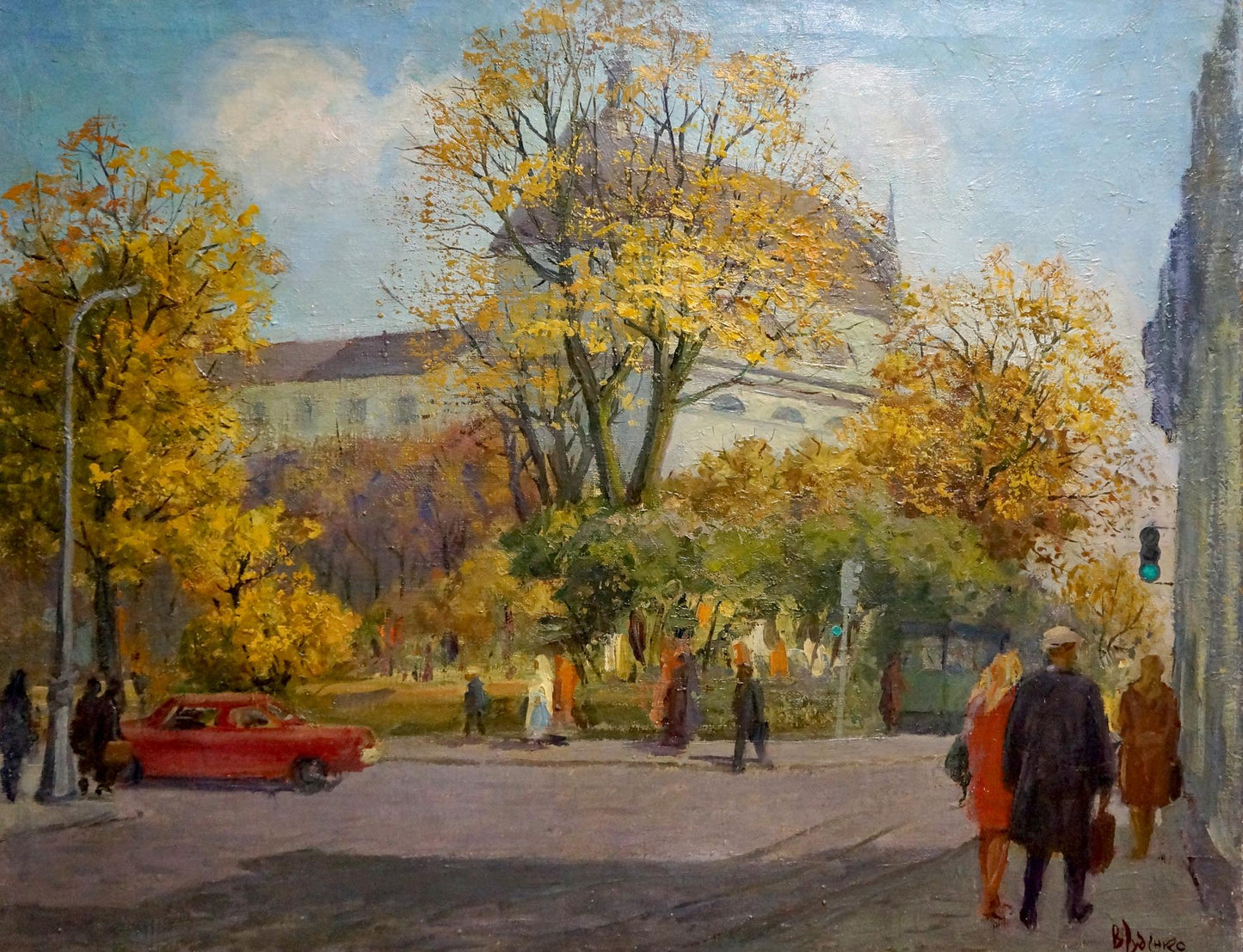 Oil painting by Rudenko Vladimir Mikhailovich: vibrant autumn city street scene