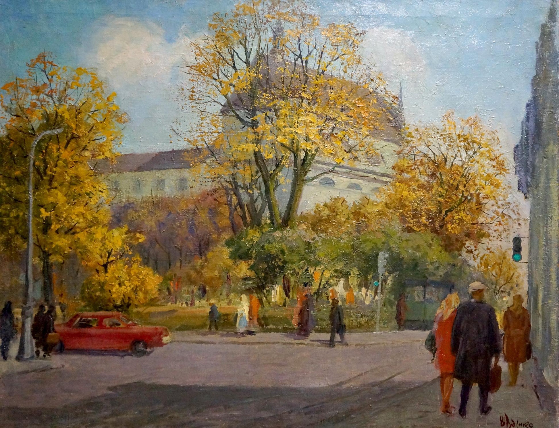 Oil painting by Rudenko Vladimir Mikhailovich: vibrant autumn city street scene