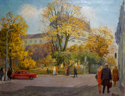 Oil painting by Rudenko Vladimir Mikhailovich: vibrant autumn city street scene