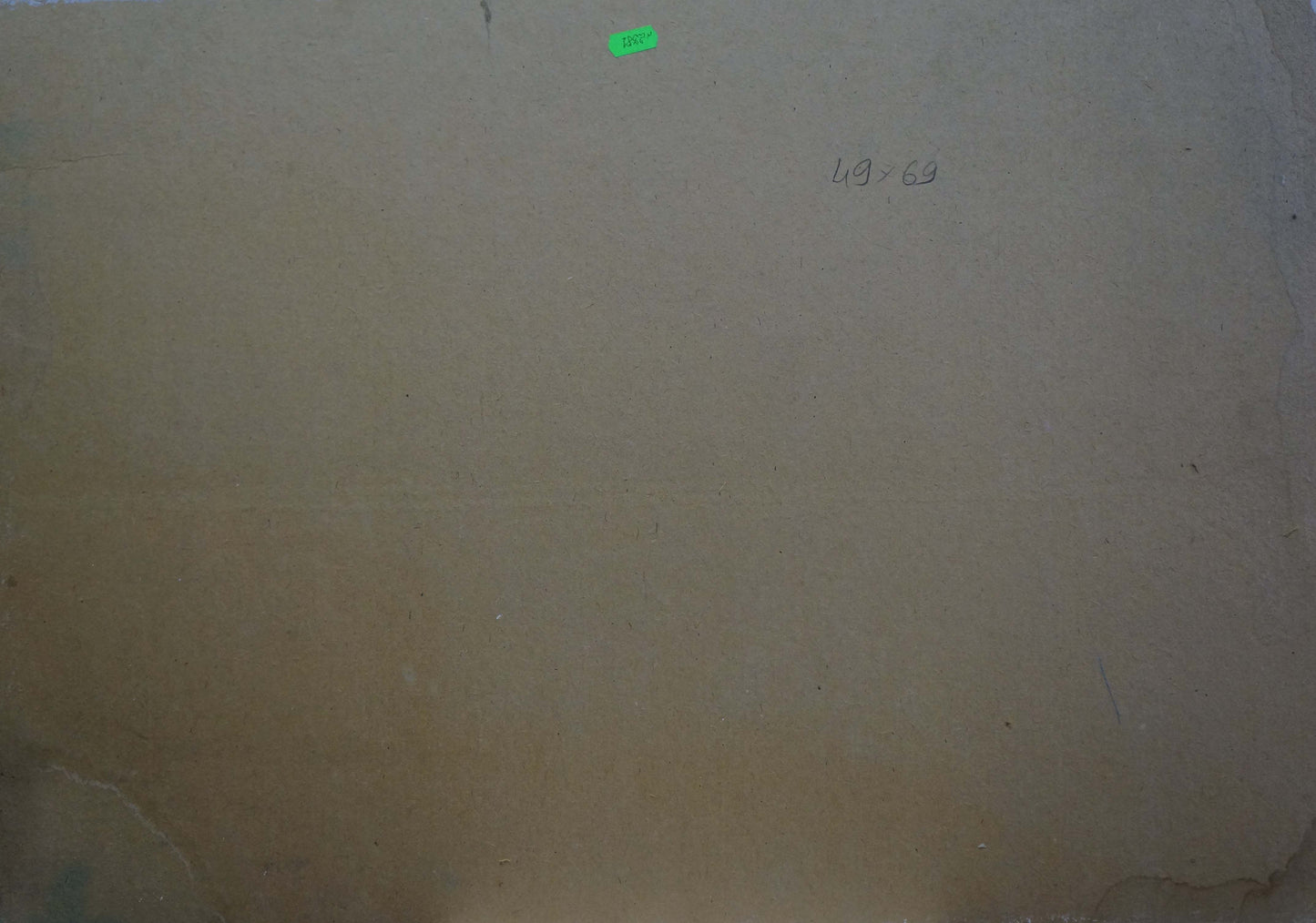 Back of oil painting Autumn church bells with beige paper, green sticker, handwritten markings
