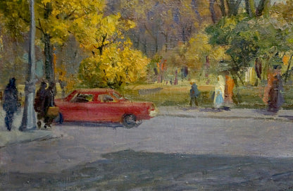 Oil painting of vibrant red vintage sedan on tree-lined street by Rudenko Vladimir Mikhailovich