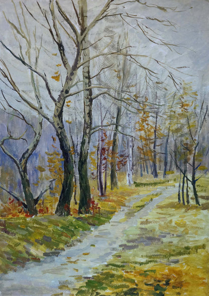 Oil painting Autumn: textured forest with bare trees, golden foliage, path