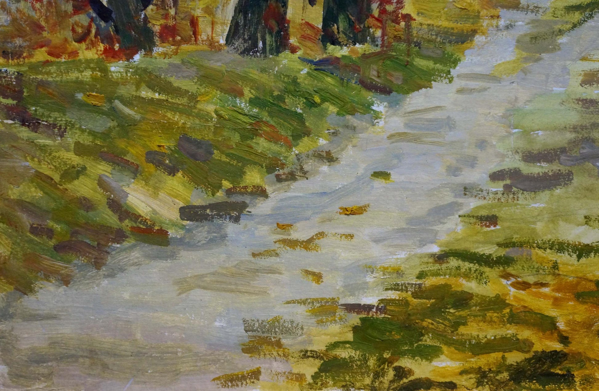 Oil painting Autumn: impressionistic textured stream in autumn foliage