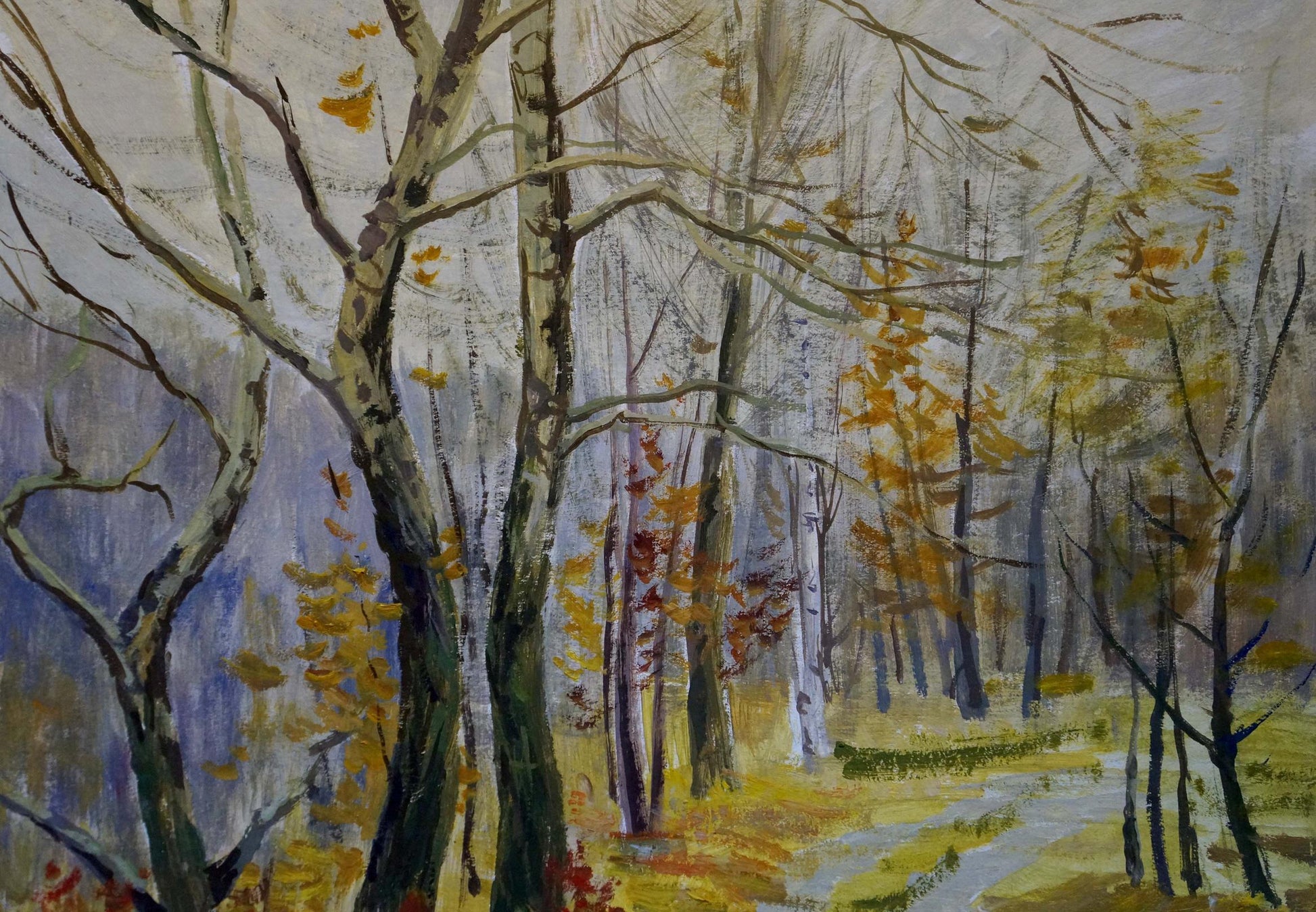 Oil painting Autumn: pastel forest with bare trees and golden leaves